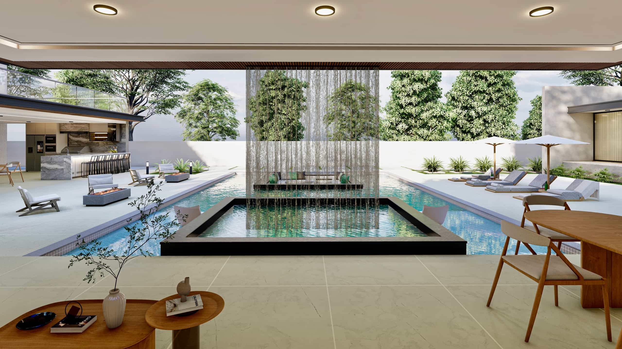 Indoor-outdoor living space with pool view