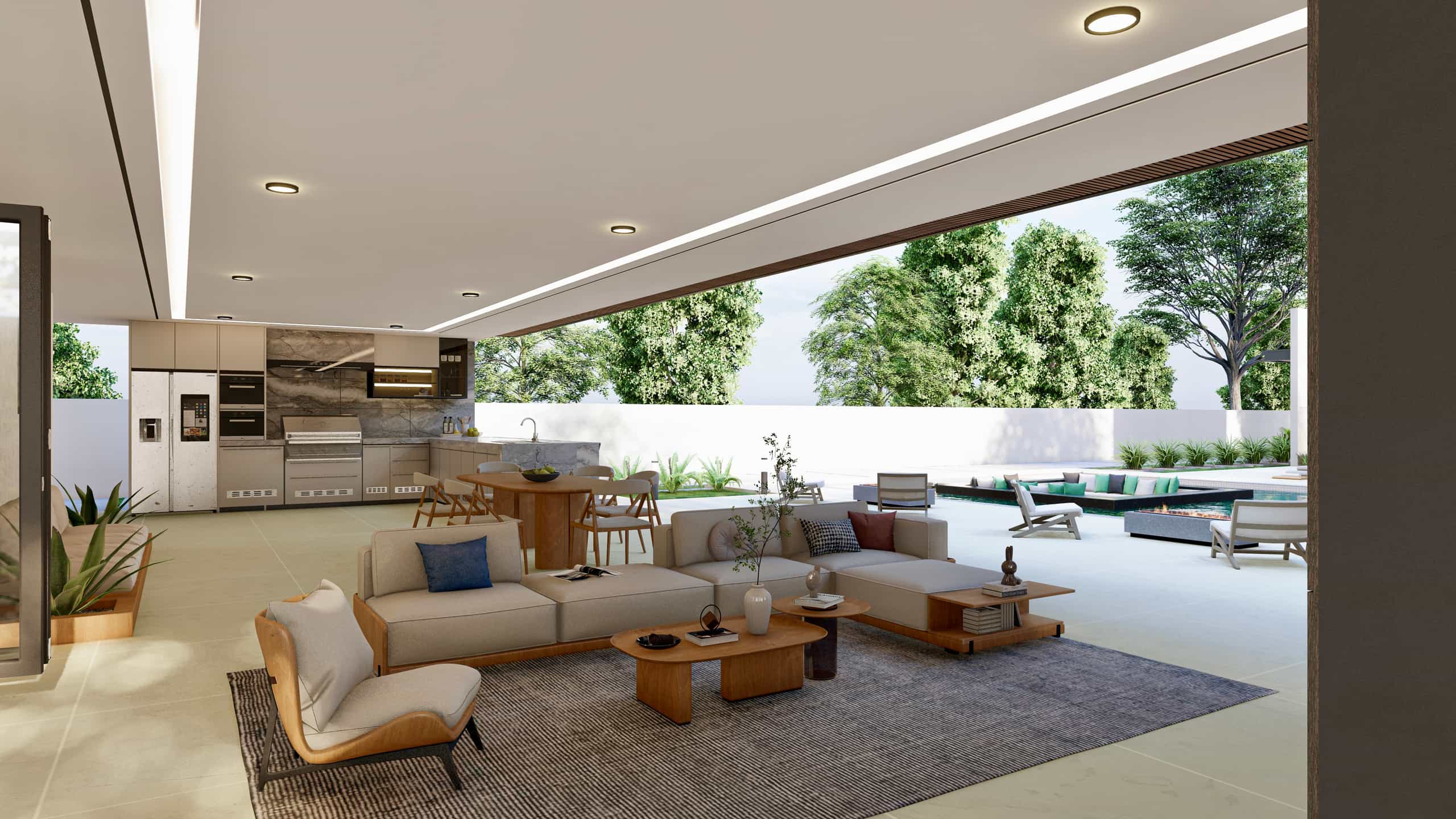 Open concept living with pool overlap
