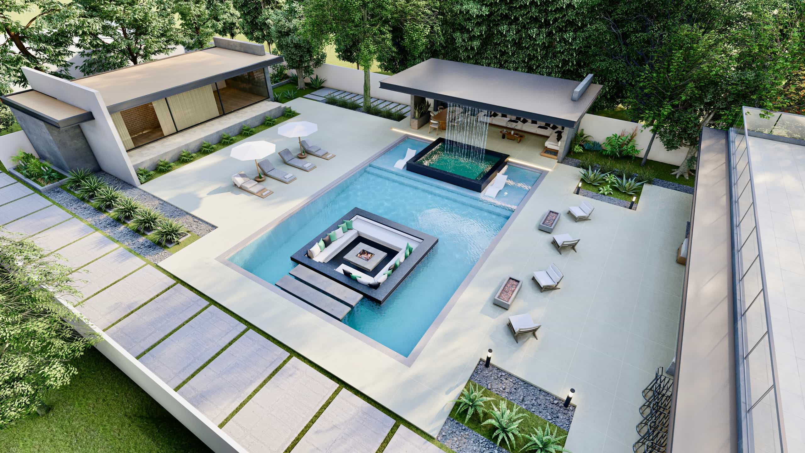 Luxury pool design with lounge island