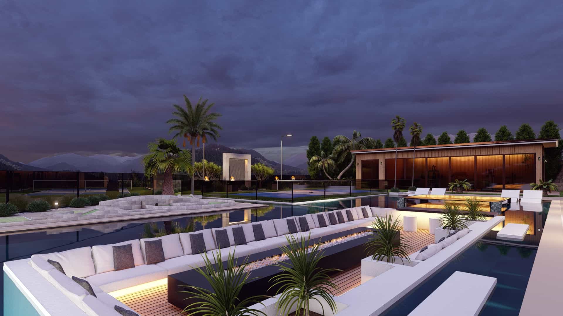 Resort-style backyard with pool and fire