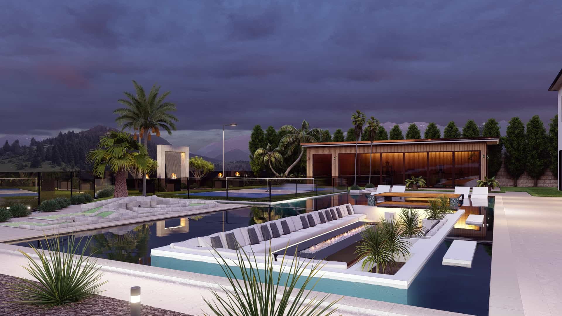 Evening backyard pool with ambient lighting