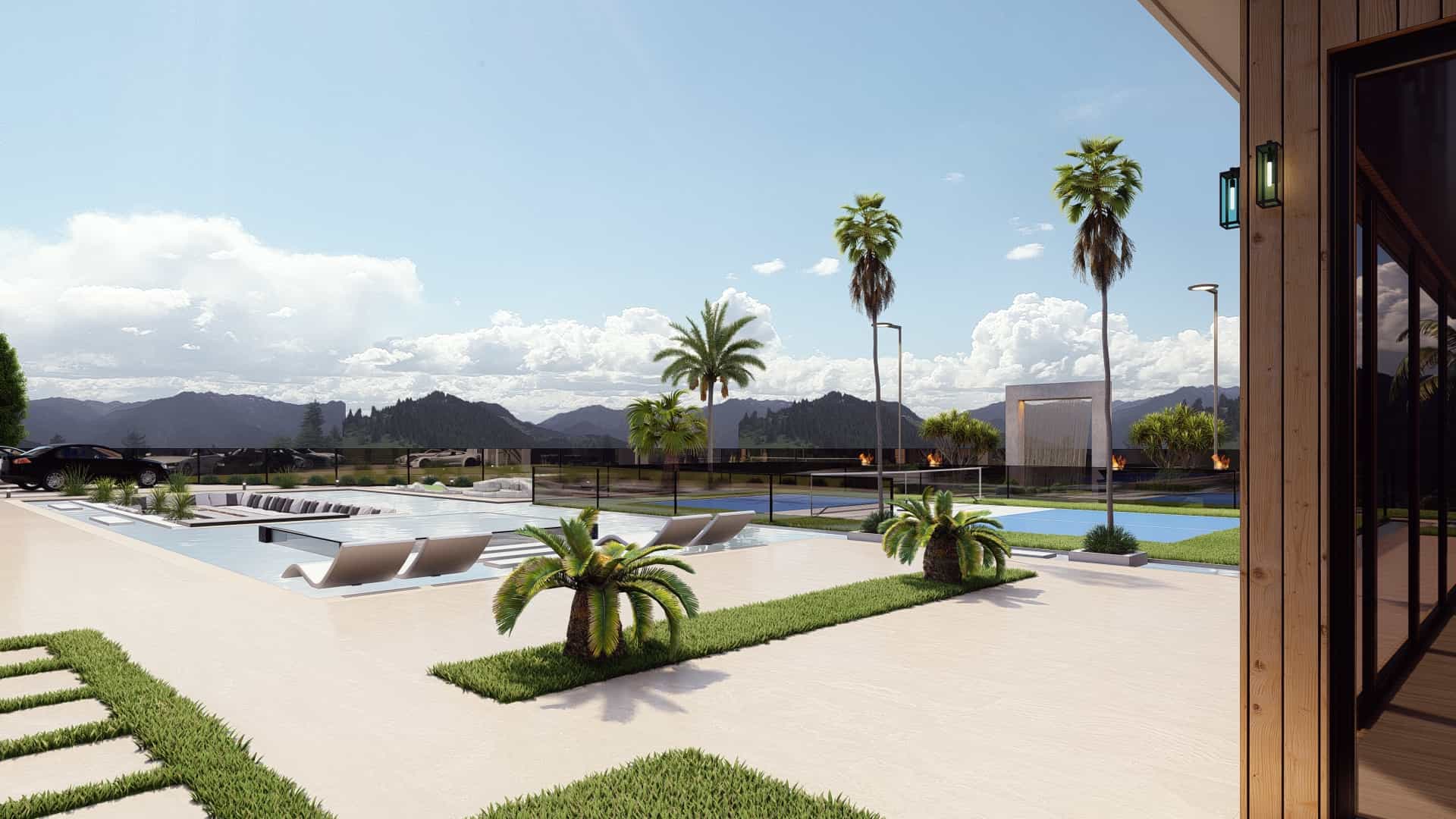 Modern pool design with spa and water features